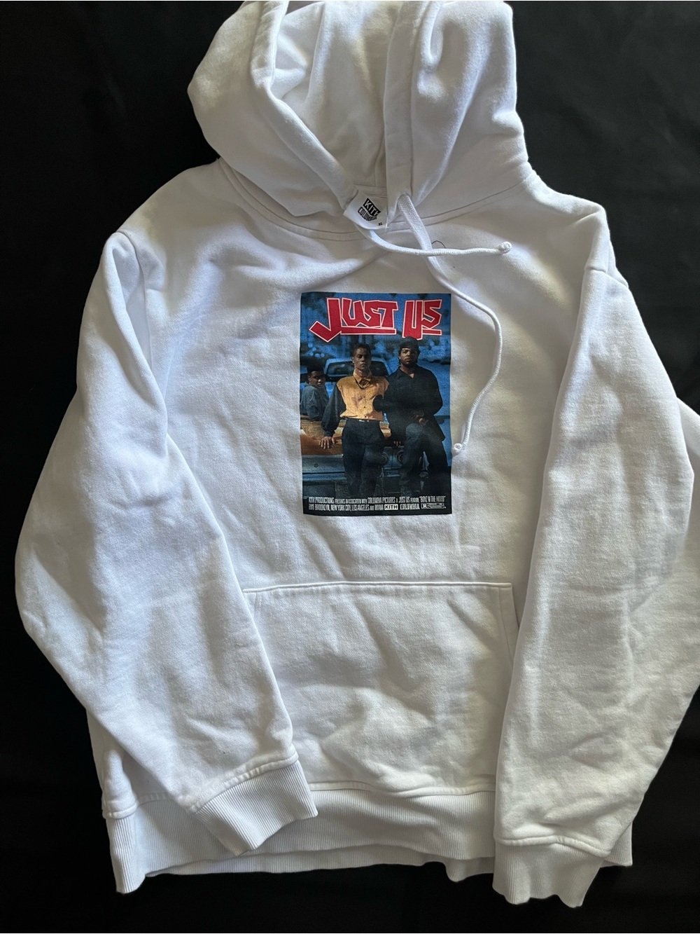 Kith White Hoodie with Red 'Just Us' Graphic on Blue Panel